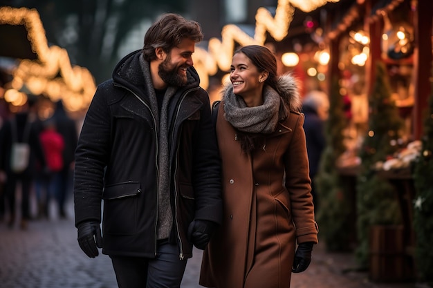 クリスマス マーケットを歩く幸せなカップル ジェネレーティブ AI