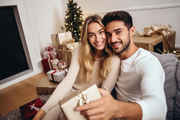 ハッピーカップルとクリスマスプレゼント セルフィーを撮る 人々がXmasギフトボックスを手に見せる ガールフレンドに挨 家族の祝い 伝統的なクリスマスサプライズ ジェネレーティブAIイラストレーション