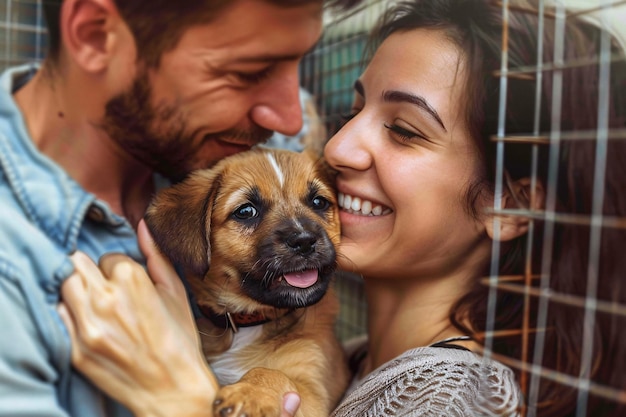 犬の避難所で可愛い養子犬を持つ幸せなカップル