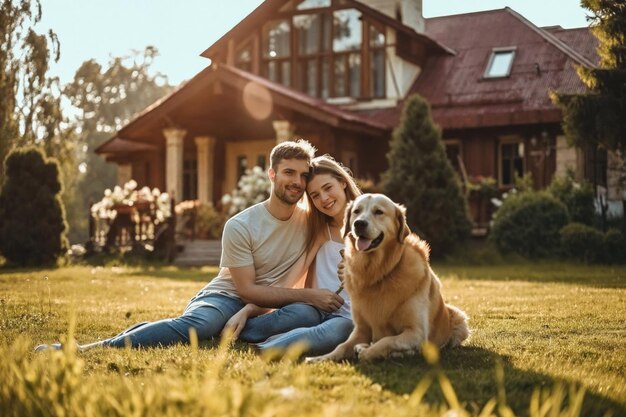 Happy couple with a golden retriever sitting on the grass in front of their house at sunset