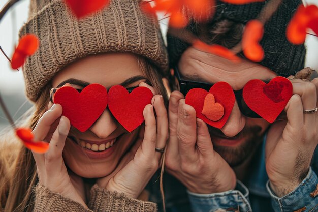 Foto una coppia felice con gli occhi coperti di cuore