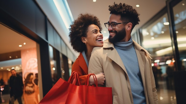 쇼핑백 사람들이 판매 소비와 라이프스타일 컨셉을 가진 행복한 커플