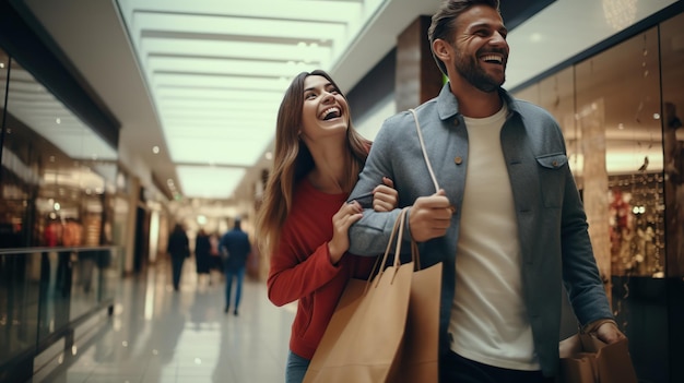 Happy couple with shopping bags people sale consumption and lifestyle concept