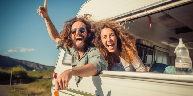 Happy couple of young tourists driving a camper waving their hands out the window Generative AI