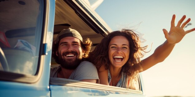 Happy couple of young tourists driving a camper waving their hands out the window Generative AI