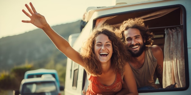 Happy couple of young tourists driving a camper waving their hands out the window Generative AI