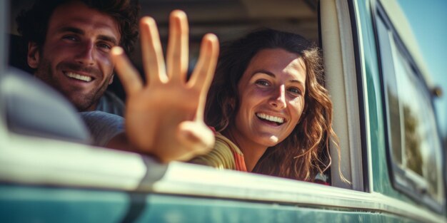 Foto una coppia felice di giovani turisti che guidano un camper e agitano le mani fuori dalla finestra.