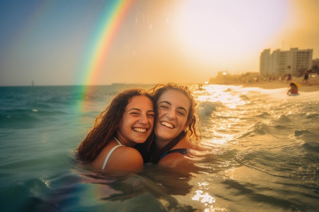 Happy Couple zwemt bij de LGBTQ Pride Parade in Tel Aviv Israël Israel Pride Month Celebration