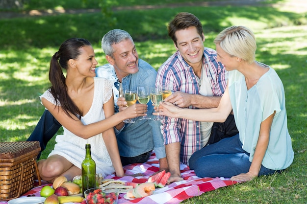 Happy couples toasting at the park 