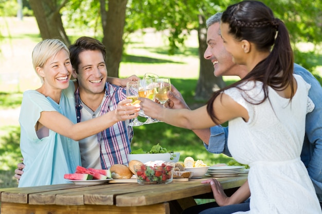 Happy couples toasting at the park 