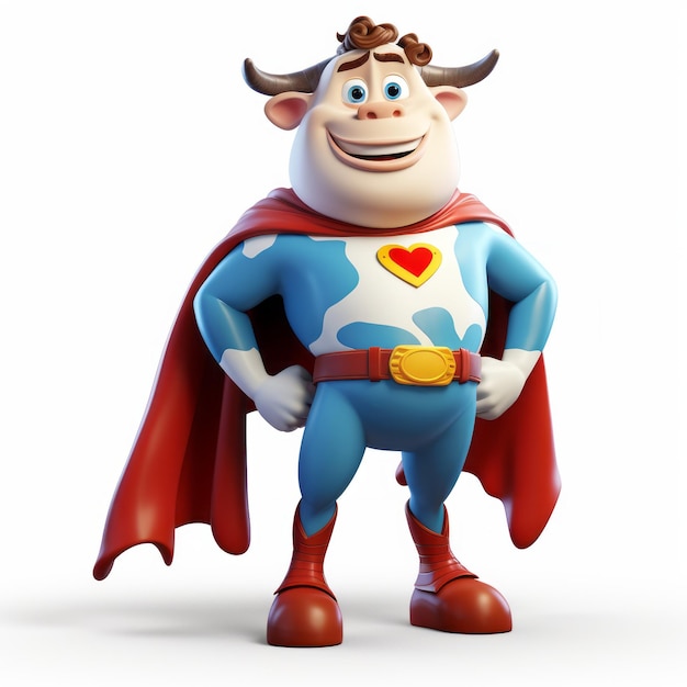 Photo happy cowman a 3d cartoon superhero with a big blue heart