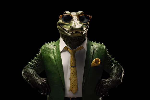 Photo happy crocodile in suit and sunglasses on black background generative ai