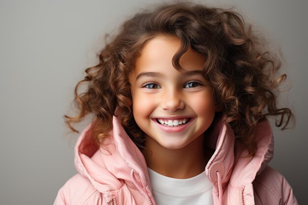 happy curly smiling girl in pink