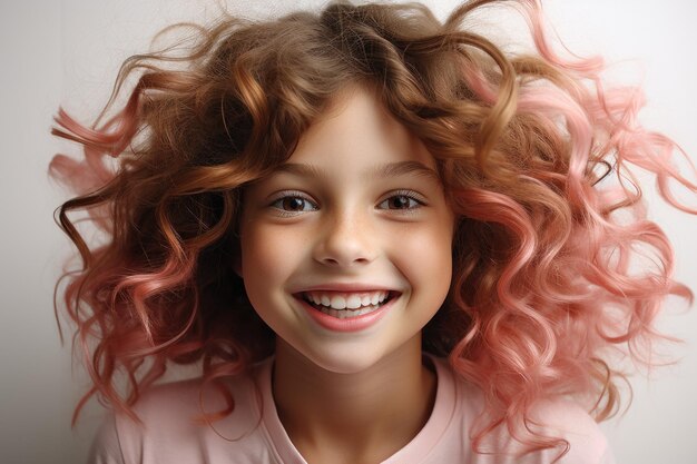 happy curly smiling girl in pink