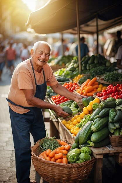 Happy Customer at Outdoors Shopping for Fresh Natural Vegetables at Street Marketing Space for text