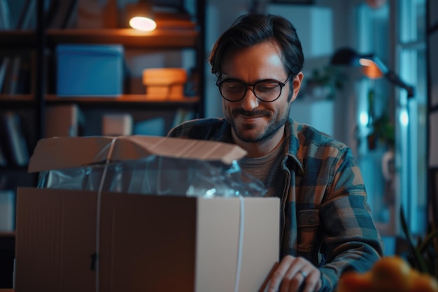 Photo happy customer unpacks awaited parcel from online store order