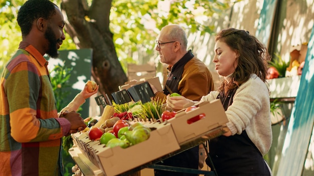 Happy customers visiting farmers market stand with sellers, looking to buy homegrown fresh bio products from street fair. Man and woman shopping for organic vegetables at greenmarket. Tripod shot.