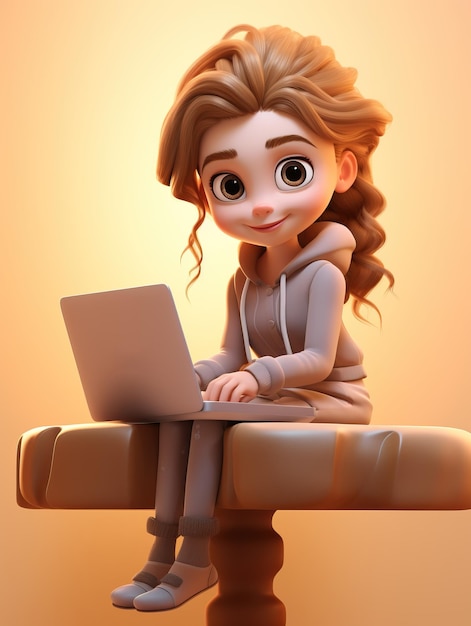 노트북과 함께 멋진 의자에 앉아있는 행복한 귀여운 트렌디 소녀