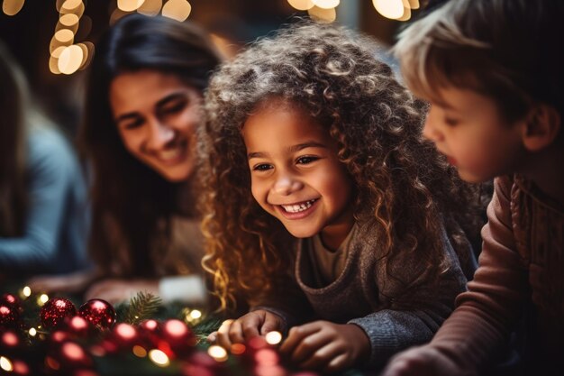 写真 クリスマスの装飾と家族の祝祭の休日 家族のライフスタイルで幸せな可愛いアフロの女の子