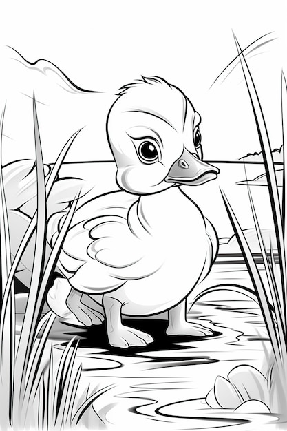 Photo happy cute baby duck in nature chibi style coloring page ai generated image