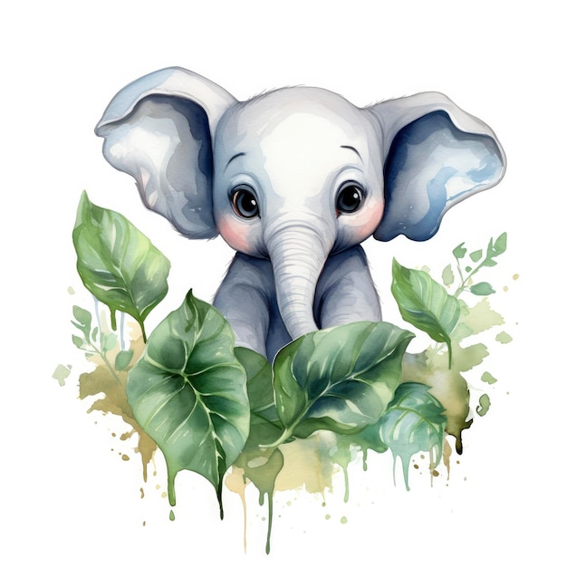 Happy cute baby elephant in green leaves in the watercolor style