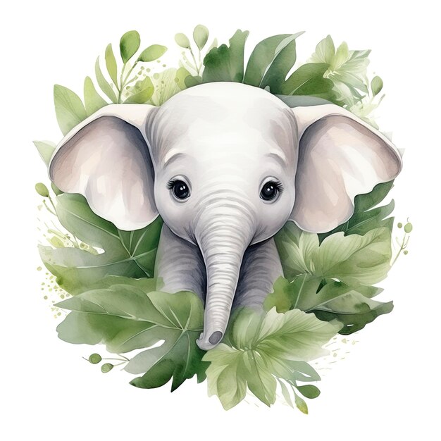 Foto felice piccolo elefante carino in foglie verdi in stile acquerello