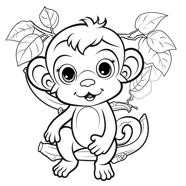 Happy cute baby monkey chibi style coloring page AI Generated image
