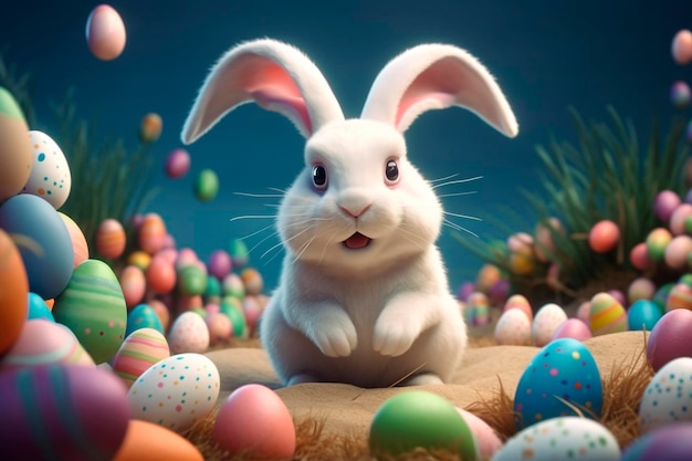 Happy cute bunny with many easter eggs grass festive background