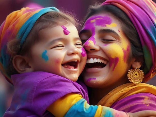 Happy cute child with mother on holi holiday beautiful family portrait during the happy holi holiday