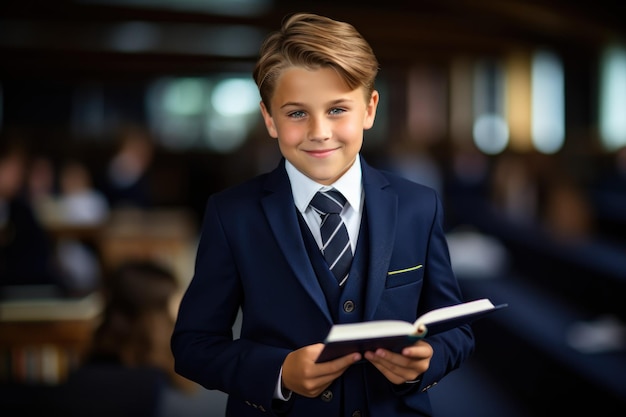 Happy cute clever boy with book Back to school