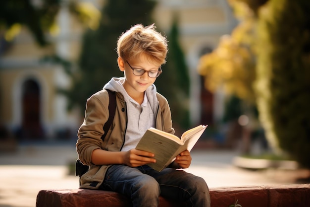 Happy cute clever boy with book Back to school