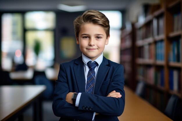 Happy cute clever schoolboy portrait First time to school Back to school