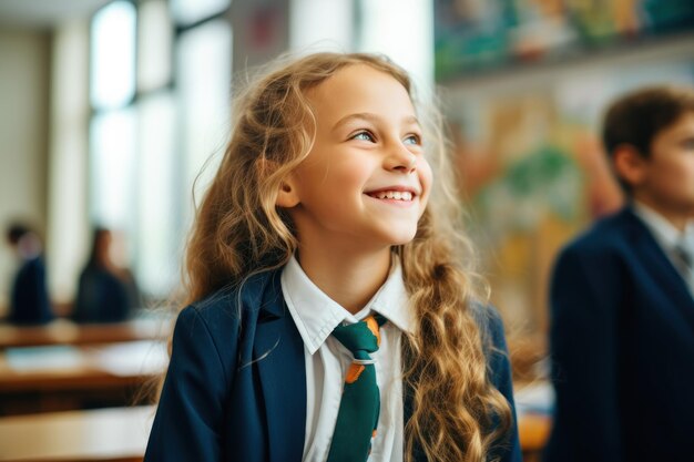 Happy cute clever schoolgirl portrait First time to school Back to school