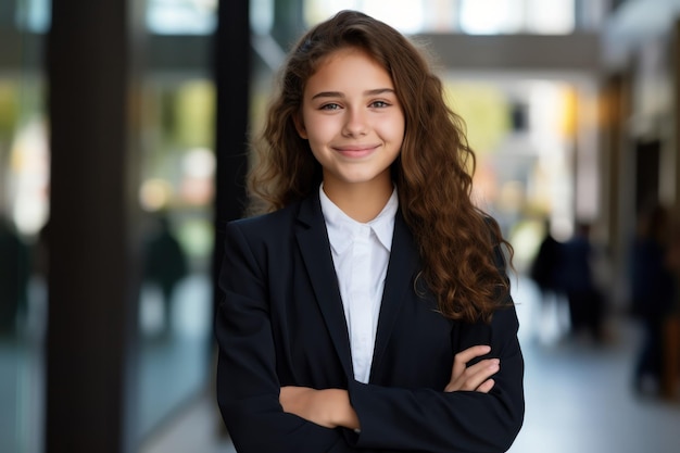 Happy cute clever schoolgirl portrait First time to school Back to school