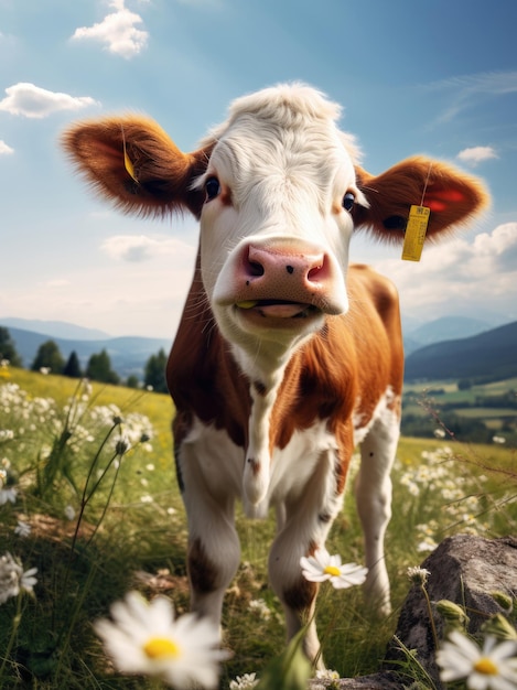 Счастливая милая корова в летний день