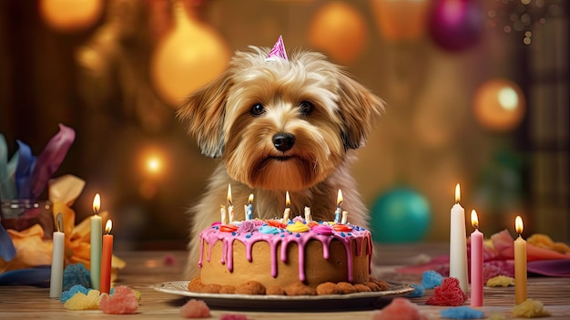 Happy cute dog birthday celebration with a birthday cake balloons and candles Generative AIxA