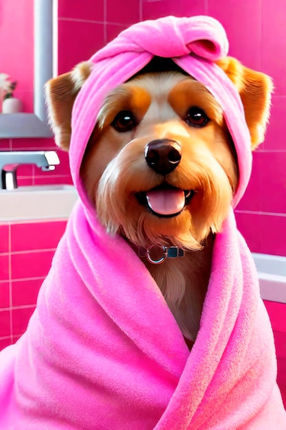 ハッピーな可愛い犬が美容室のスパデイでバービー・ピンクのスタイルでリラックスしています