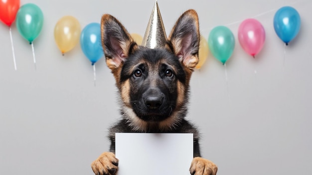 Photo happy cute dog in party hat celebrating birthday party surrounded by falling confetti