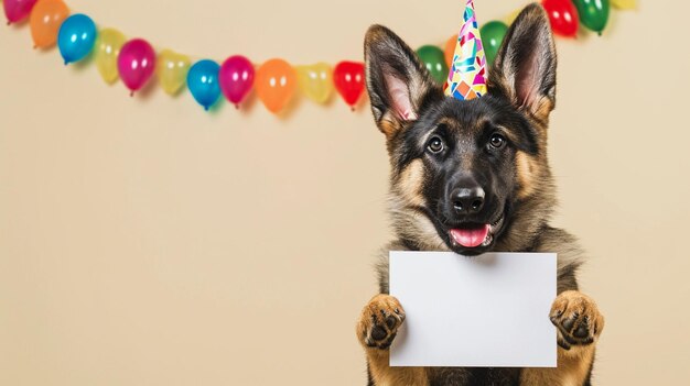 Photo happy cute dog in party hat celebrating birthday party surrounded by falling confetti