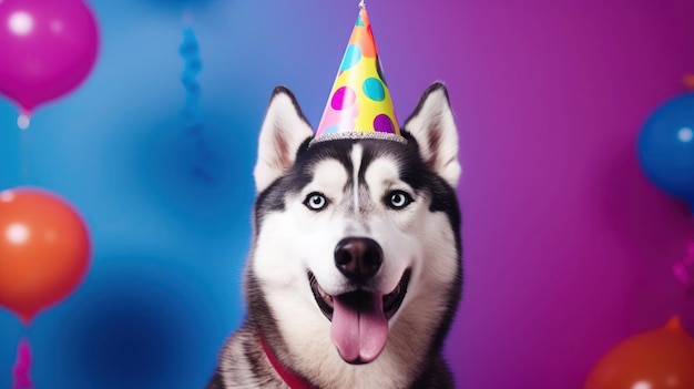 Happy cute dog in party hat celebrating birthday surrounded by falling confetti