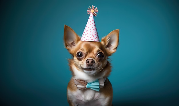 Happy cute dog in party hat celebrating birthday