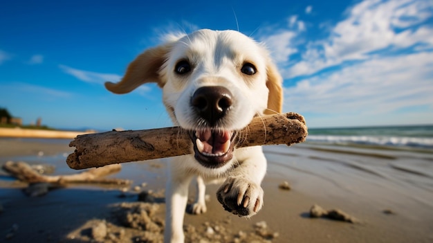 Happy cute dog running on sunny sea beach wallpaper AI Generated art