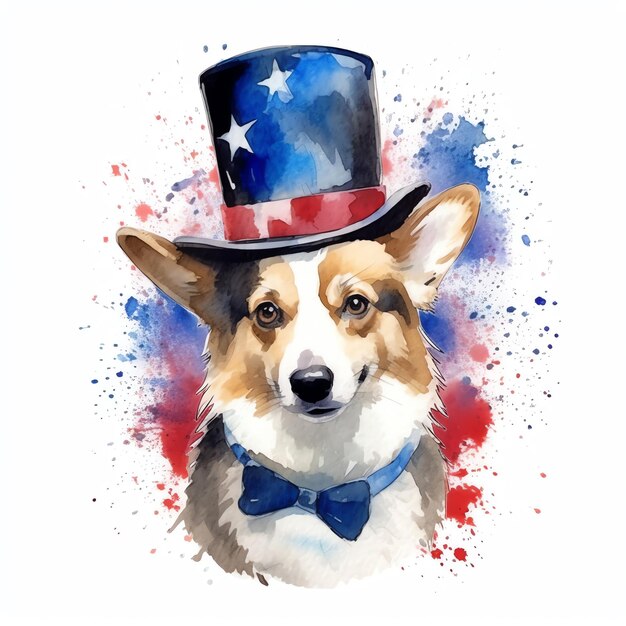 Happy cute dog wearing an Uncle Sam hat with the USA Flag pet lover in July 4th