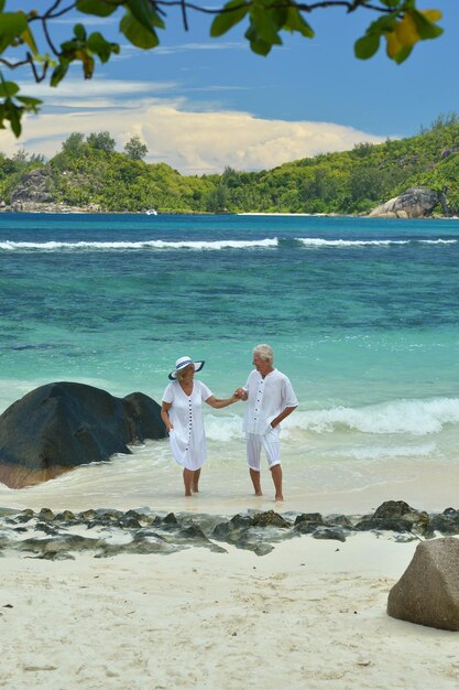 Happy cute elderly couple at sea