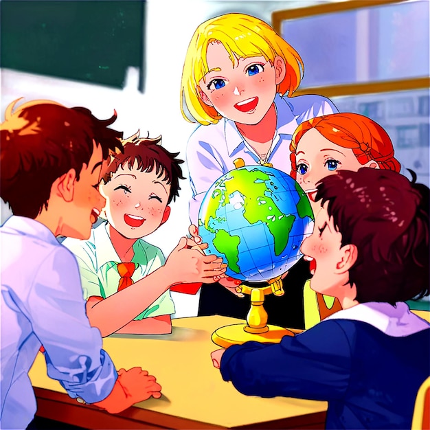 Photo happy cute enthusiastically pupils smiling around a globe in classroom with female teacher at school