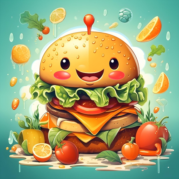 Happy cute face of a burger with a big smile digital art illustration