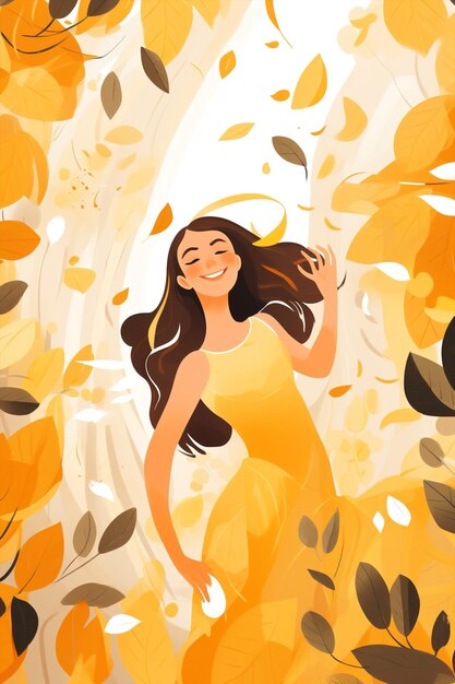 Happy cute fall character autum leaf meditating active women nature art cartoon