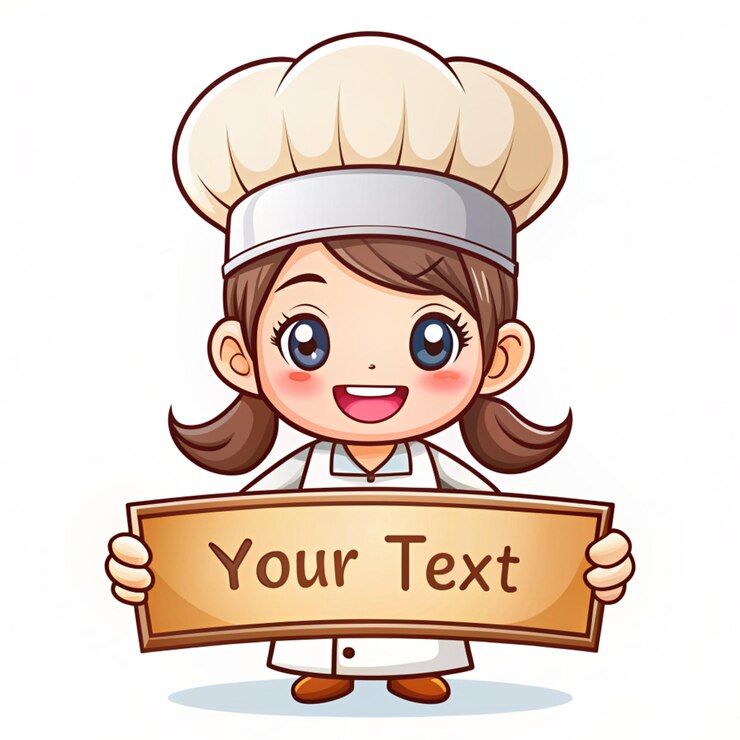 Photo happy cute girl chef smiling and holding a text box banner logo in cartoon art illustration