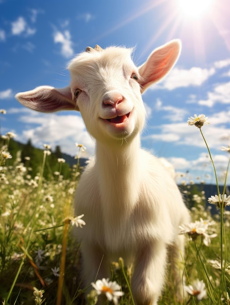 Happy cute goat on a summer day