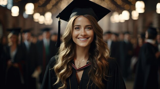 Foto la ragazza felice e carina sta sorridendo, i compagni di classe sono dietro, è in una tavola di malta nera.